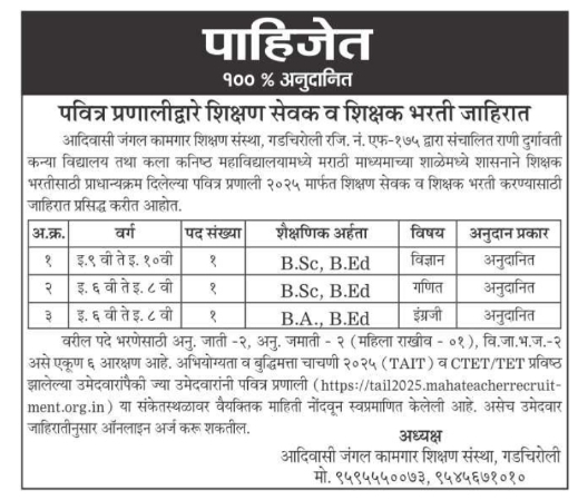 100% Aided Teacher Recruitment Notice by Aadivasi Jungle Kamgar Shikshan Sanstha