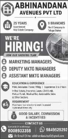 Abhinandana Avenues Marketing Job Vacancy in Hyderabad