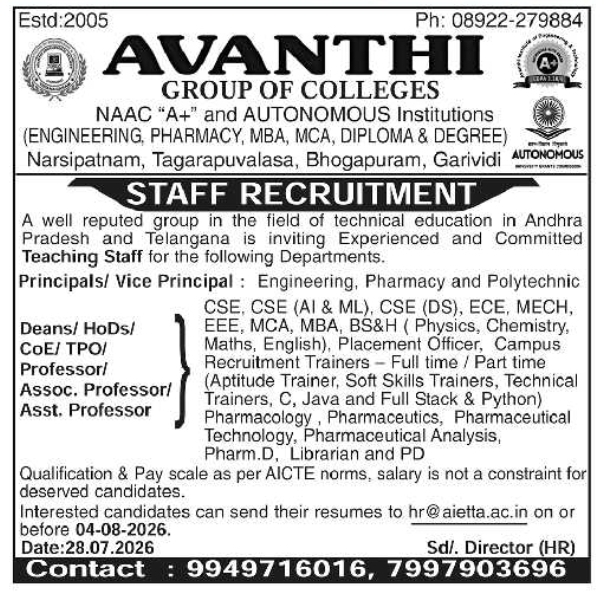 Academic Staff Vacancy at Avanthi Group of Colleges