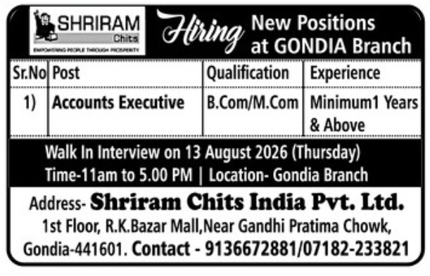 Accounts Executive Vacancy at Shriram Chits
