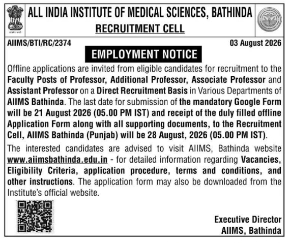 AIIMS Bathinda Faculty Direct Recruitment Notice