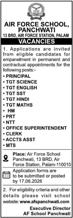 Air Force School Panchwati Recruitment: Teaching & Non-Teaching Vacancies