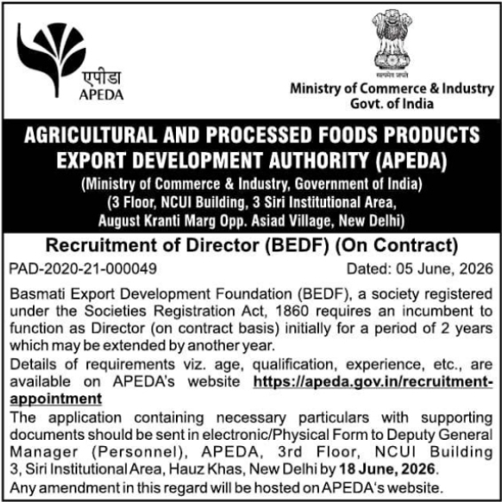 APEDA: Director (BEDF) Recruitment Notice