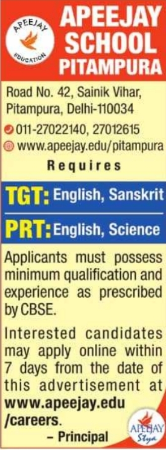 Apeejay School Pitampura Faculty Recruitment