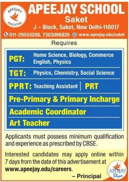 Apeejay School Saket Academic Staff Recruitment