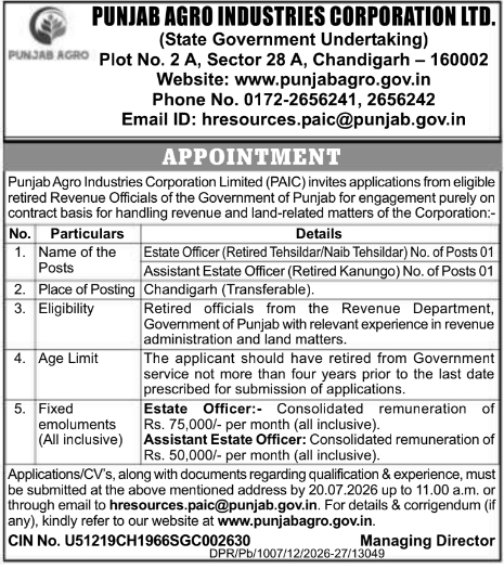 Appointment Notice: Retired Revenue Officers Contractual Recruitment