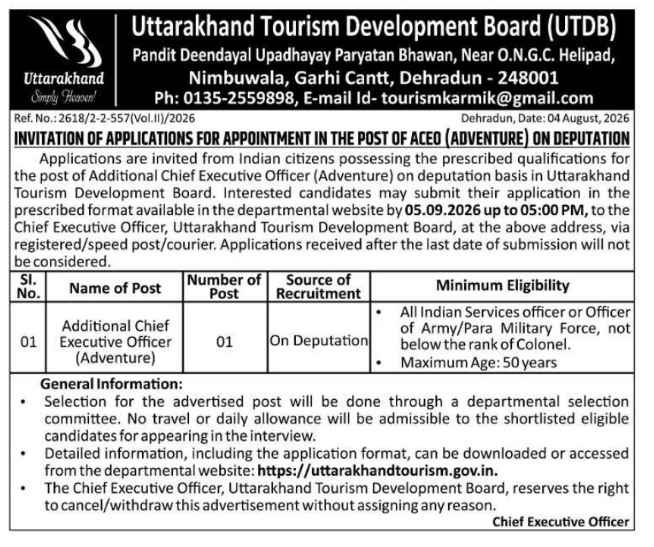 Appointment of Additional Chief Executive Officer (Adventure) on Deputation at UTDB