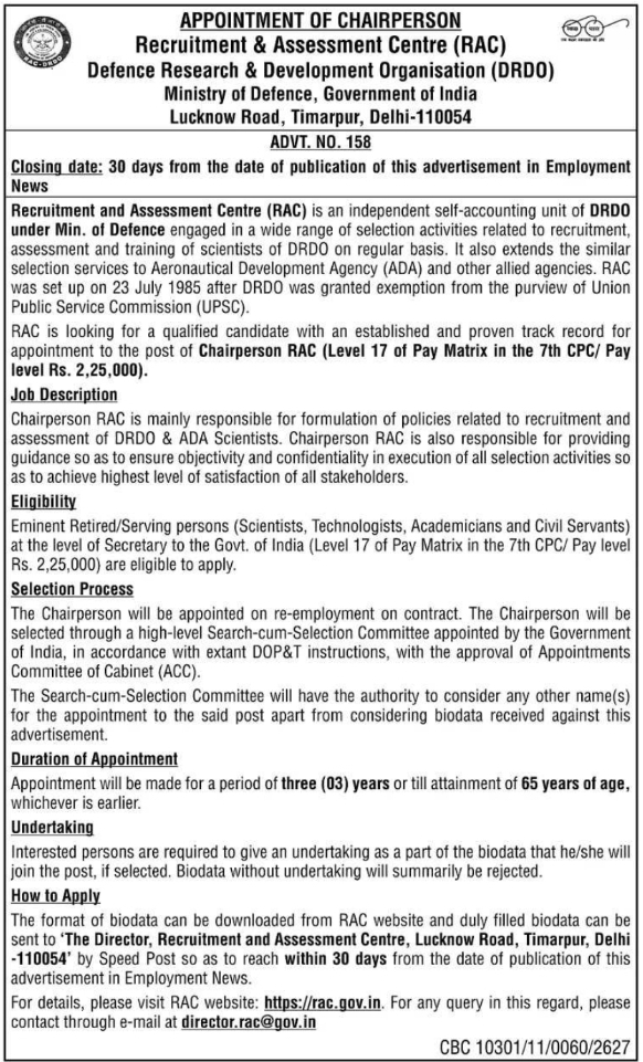 Appointment of Chairperson by Recruitment & Assessment Centre, DRDO