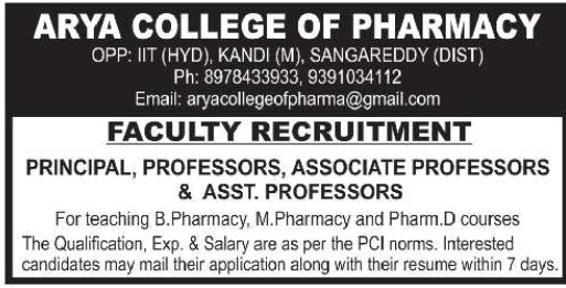 Arya College of Pharmacy Faculty Recruitment