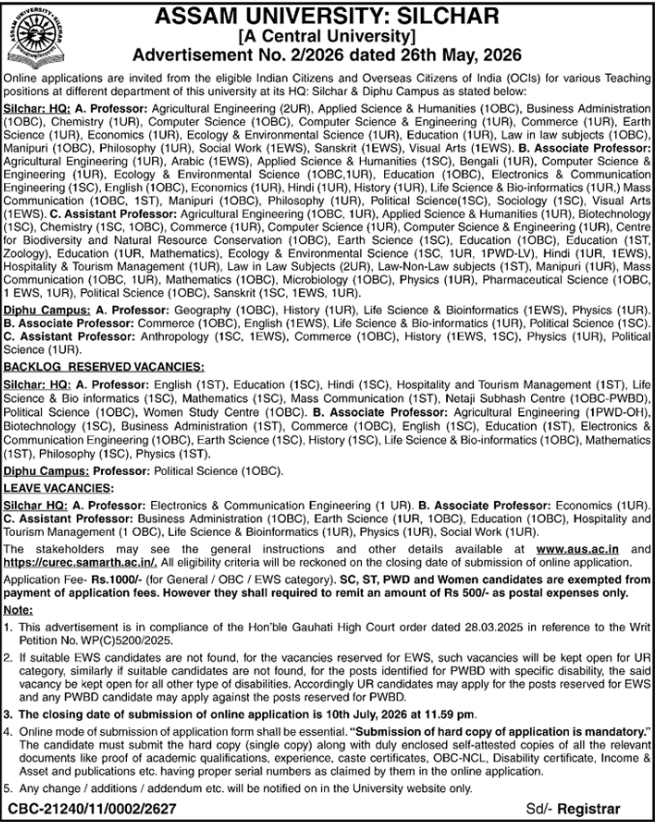 Assam University: Faculty Recruitment 2026