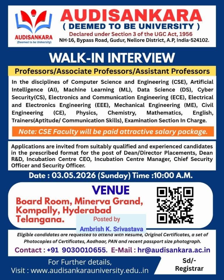 Audisankara University is hiring Faculty and Admin staff