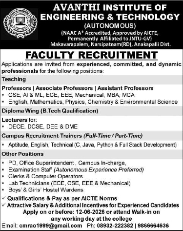 Avanthi Institute of Engineering & Technology: Mega Recruitment