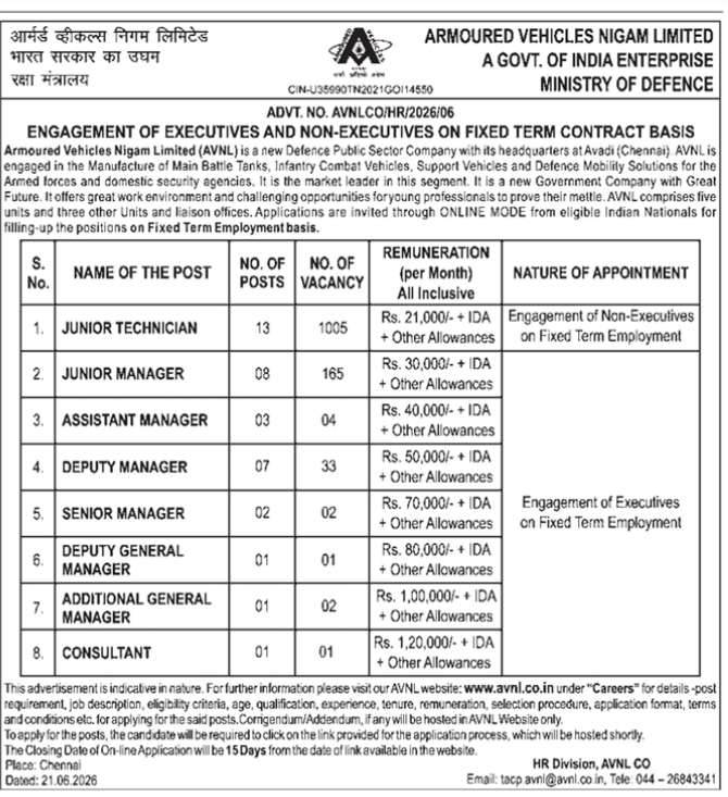 AVNL Fixed Term Recruitment Notification