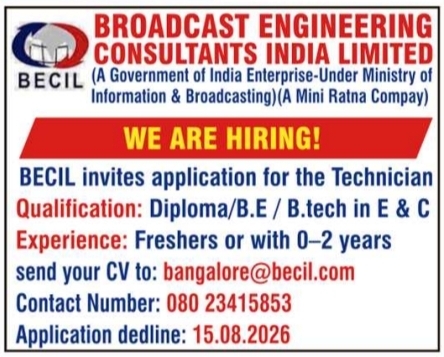 BECIL Recruitment Notification for Technician Personnel