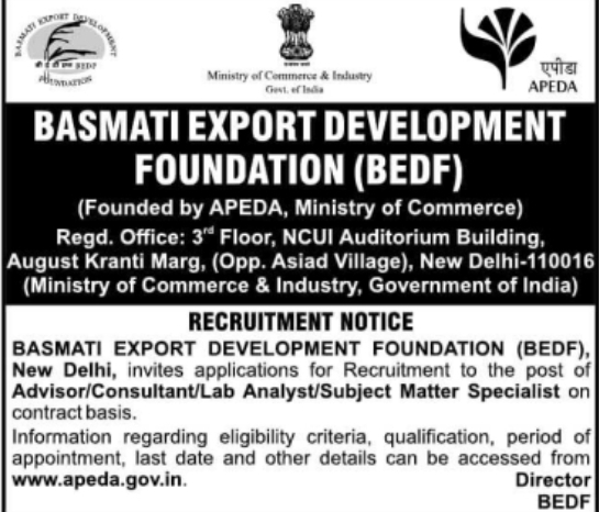 BEDF Advisor, Consultant, Lab Analyst and Subject Matter Specialist Recruitment