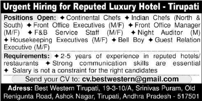 Best Western Tirupati: Luxury Hotel Staff Recruitment