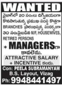 Branch Managers Required in Vizag