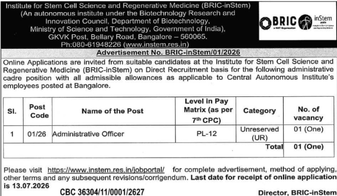 BRIC-inStem: Administrative Officer Recruitment