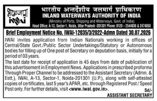 Brief Employment Notice for Secretary Position by Inland Waterways Authority of India