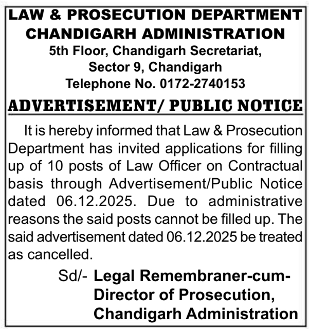 Cancellation Notice for Law Officer Recruitment by Chandigarh Administration