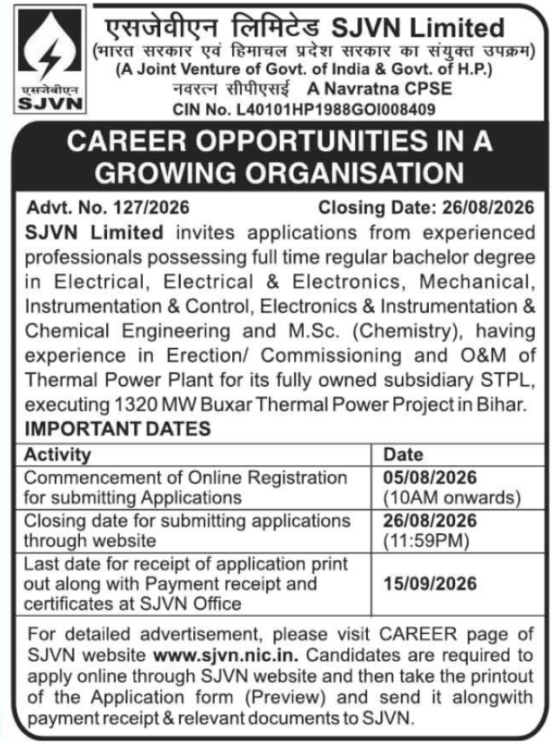 Career Opportunities for Engineering Professionals by SJVN Limited