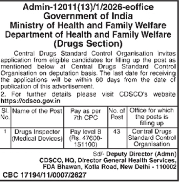 CDSCO Drugs Inspector Deputation Recruitment