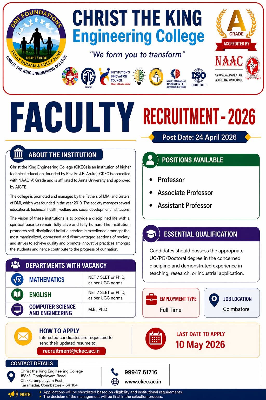 Christ the King Engineering College Faculty Recruitment 2026
