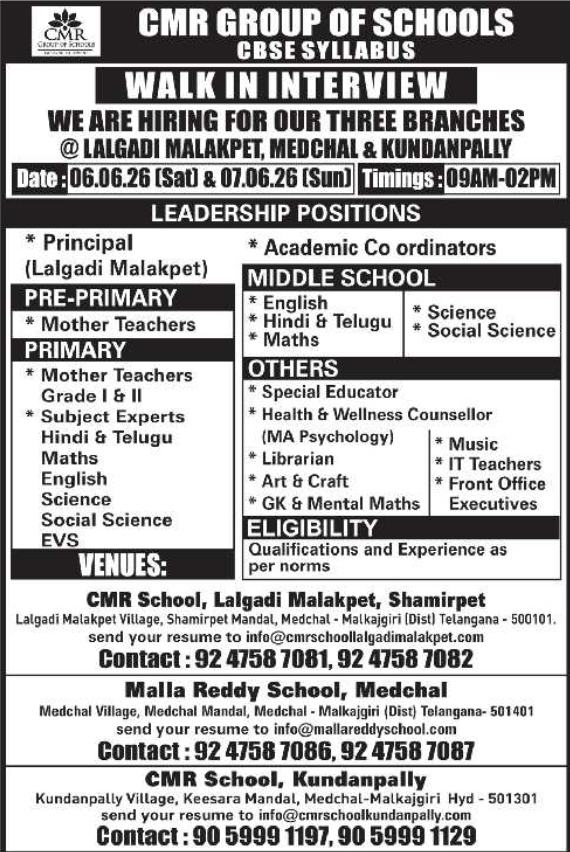 CMR Group of Schools: Teacher & Leadership Walk-in