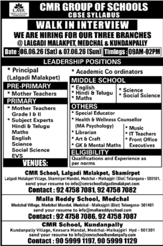 CMR Group of Schools: Walk-In Interviews for Multiple Branches