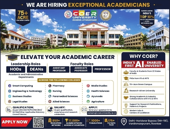 COER University Recruitment: Deans, HODs, and Teaching Faculty