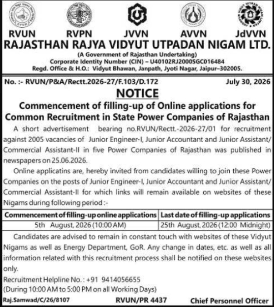 Common Recruitment Online Application Notice by Rajasthan Rajya Vidyut Utpadan Nigam Ltd