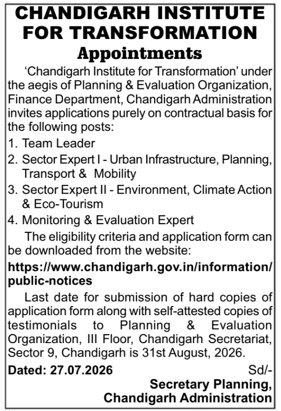 Contractual Appointments by Chandigarh Institute for Transformation