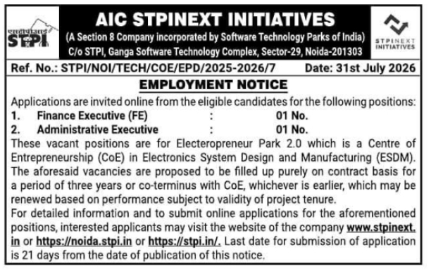 Contractual Employment Notice for Executive Positions by AIC STPINEXT