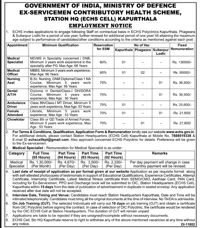 Contractual Employment Notice for Polyclinic Staff by ECHS Kapurthala