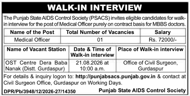 Contractual Medical Officer Walk-In Interview by Punjab State AIDS Control Society