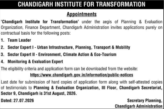 Contractual Recruitment Advertisement by Chandigarh Institute for Transformation