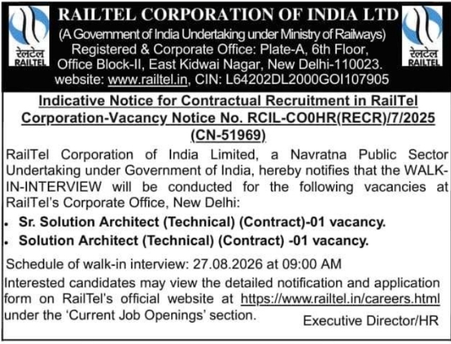 Contractual Recruitment Notice for Solution Architects by RailTel