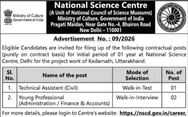 Contractual Technical and Professional Recruitment by National Science Centre