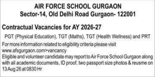 Contractual Vacancies Notice by Air Force School Gurgaon