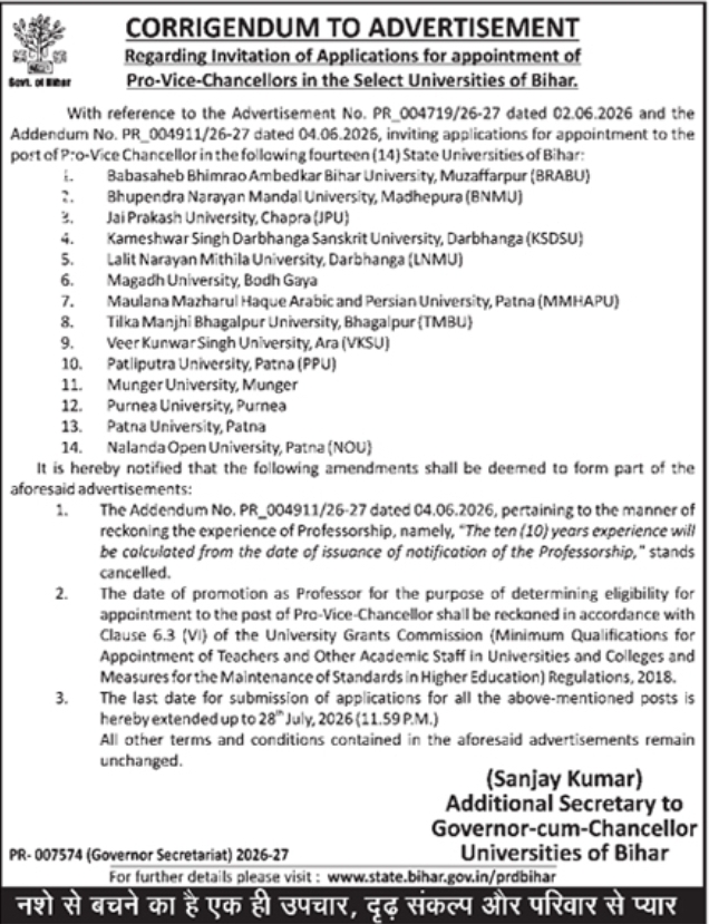 Corrigendum Notice: Appointment of Pro-Vice-Chancellors in Bihar Universities