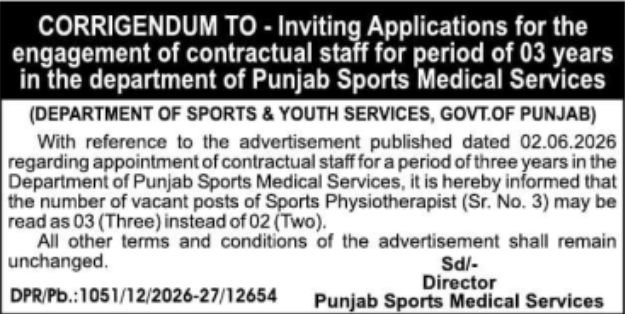 Corrigendum Notice: Contractual Staff Recruitment Amendments by Punjab Sports Medical Services