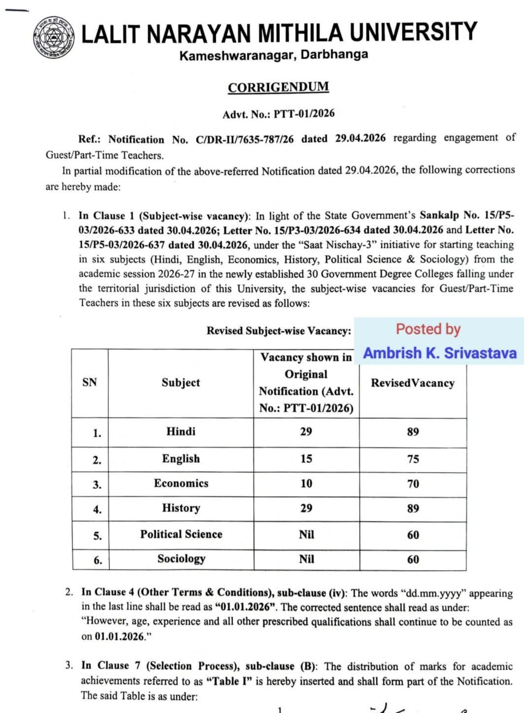 Corrigendum Notice: Guest Teacher Recruitment at Lalit Narayan Mithila University