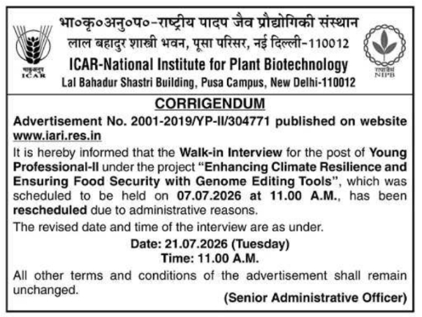 Corrigendum Notice: ICAR-National Institute of Plant Biotechnology