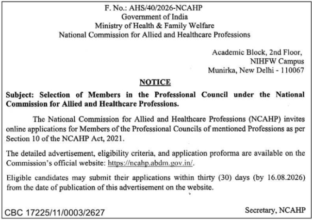 Council Membership Application Notice by Ministry of Health & Family Welfare