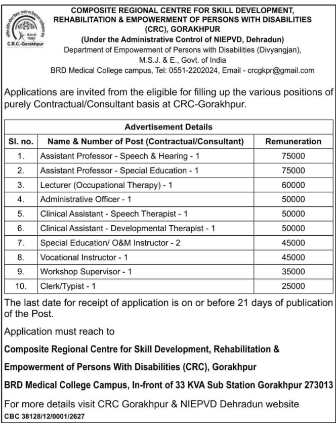 CRC Gorakhpur: Contractual & Consultant Recruitment