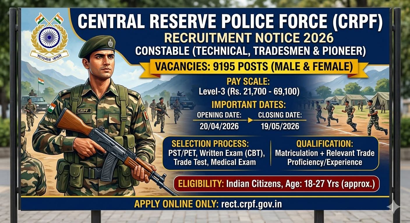 CRPF Hiring 2026: Constable (Technical, Tradesmen & Pioneer)