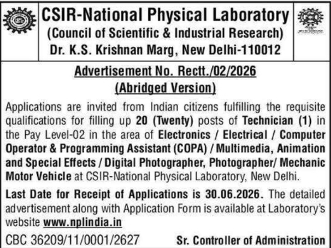 CSIR-National Physical Laboratory Technician Recruitment 2026