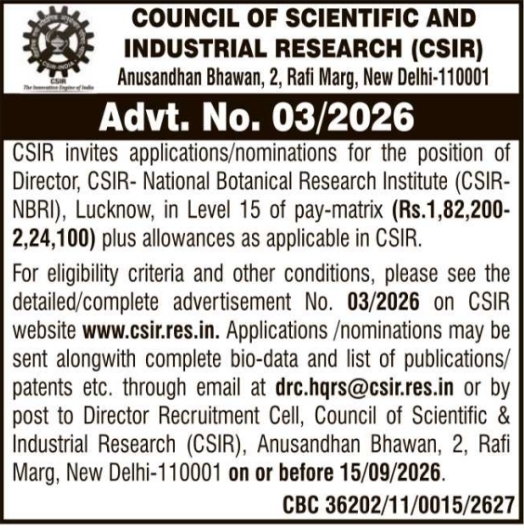 CSIR NBRI Director Position Recruitment by CSIR New Delhi