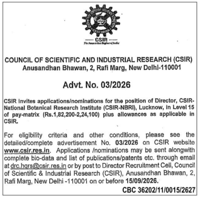 CSIR NBRI Director Position Recruitment by CSIR New Delhi