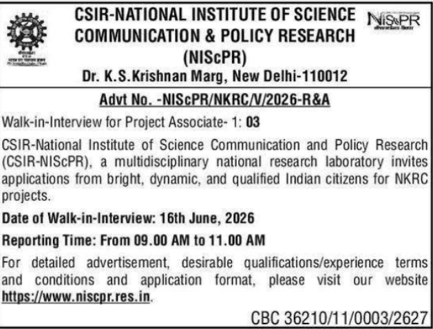 CSIR-NIScPR New Delhi 2026 Project Associate Recruitment
